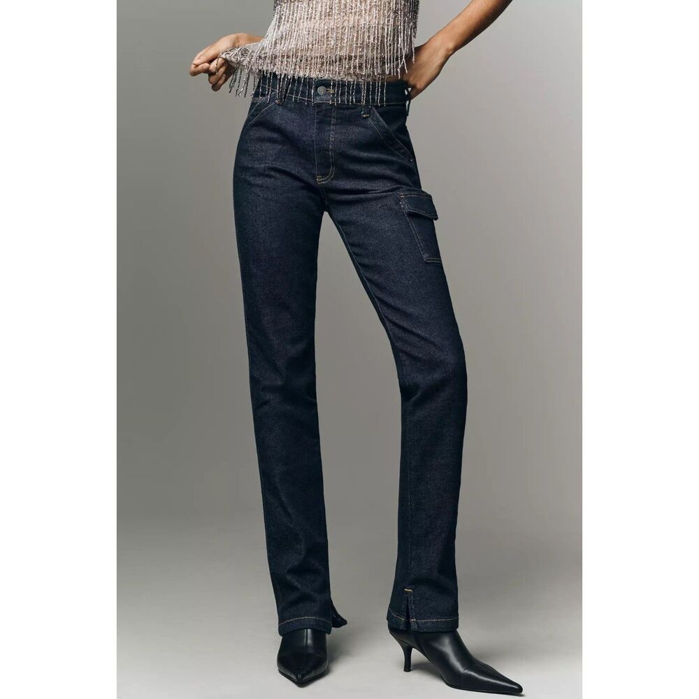 Anthropologie Dark Blue Pilcro Dylan Mid-Rise Puddle Straight Leg Jeans Sz 30 R